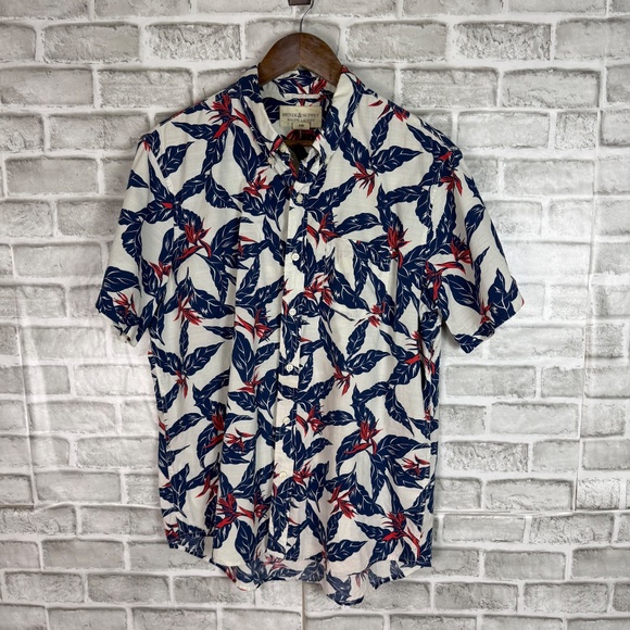 Denim & Supply Ralph Lauren White Blue Tropical Leaf Casual Button Shirt LARGE - Picture 2 of 6